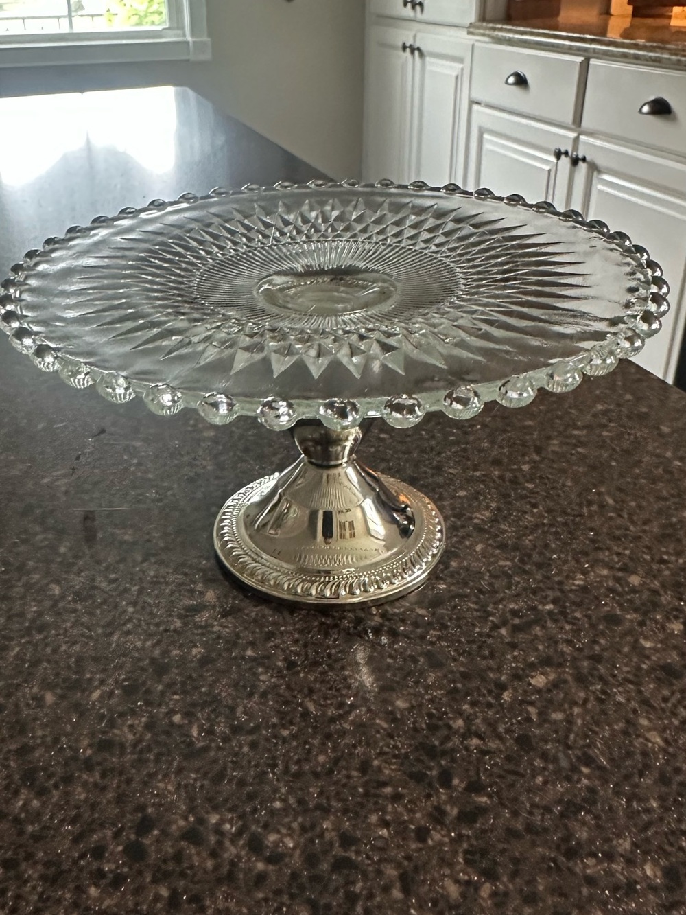 Mini Glass and Silver Pedestal Cake or dessert Stand - Clear Glass Top